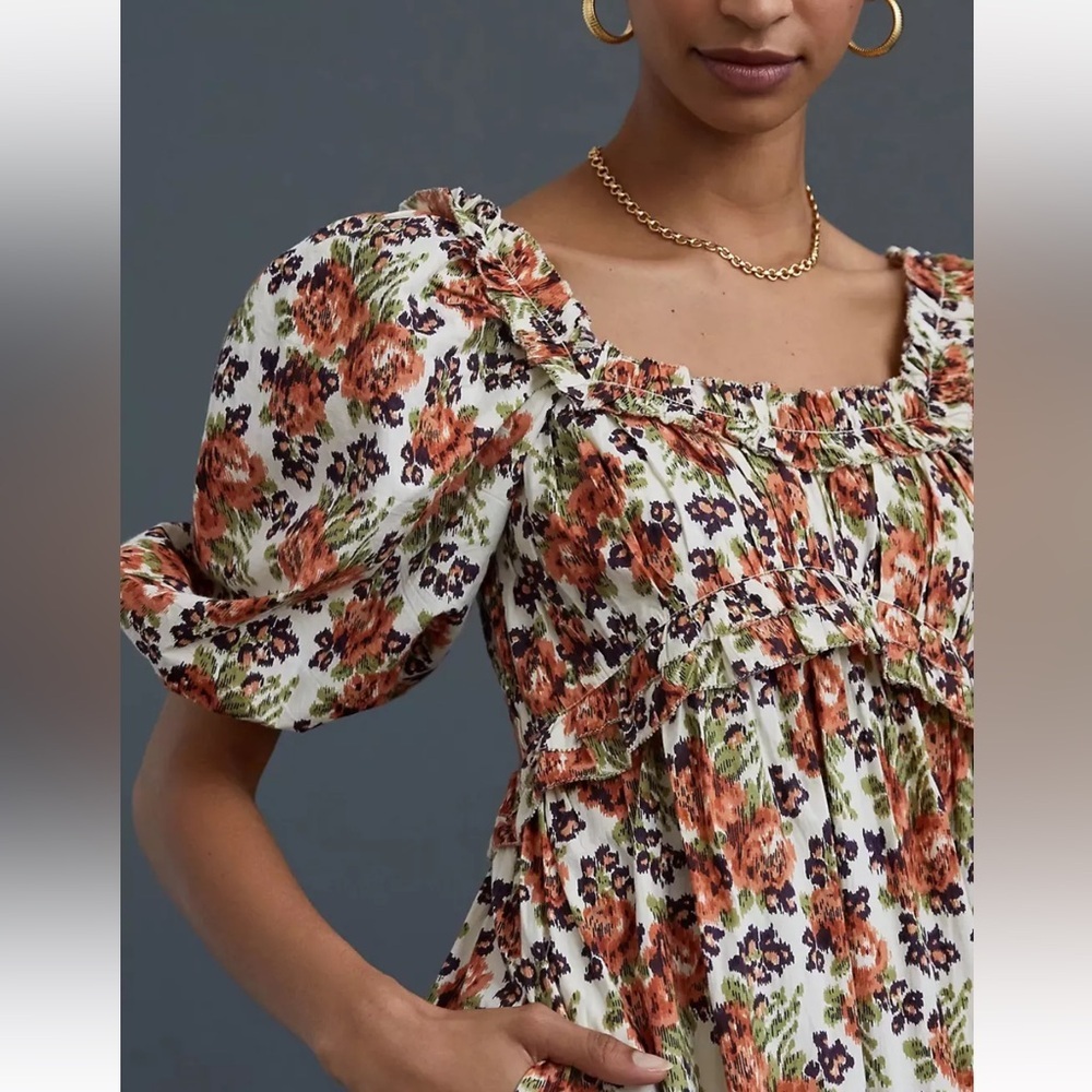 Anthropologie Love the Label Fall Floral Puff Sleeve Midi Dress Brown Cream M - Picture 3 of 14